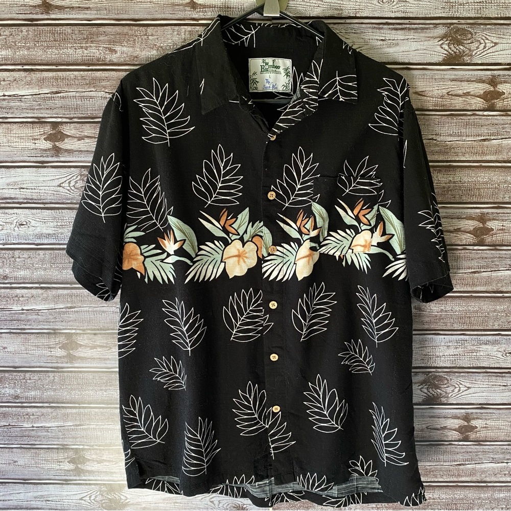 Bamboo Men's Short-Sleeved Button-Down Shirt‎ Size L Black Tropical